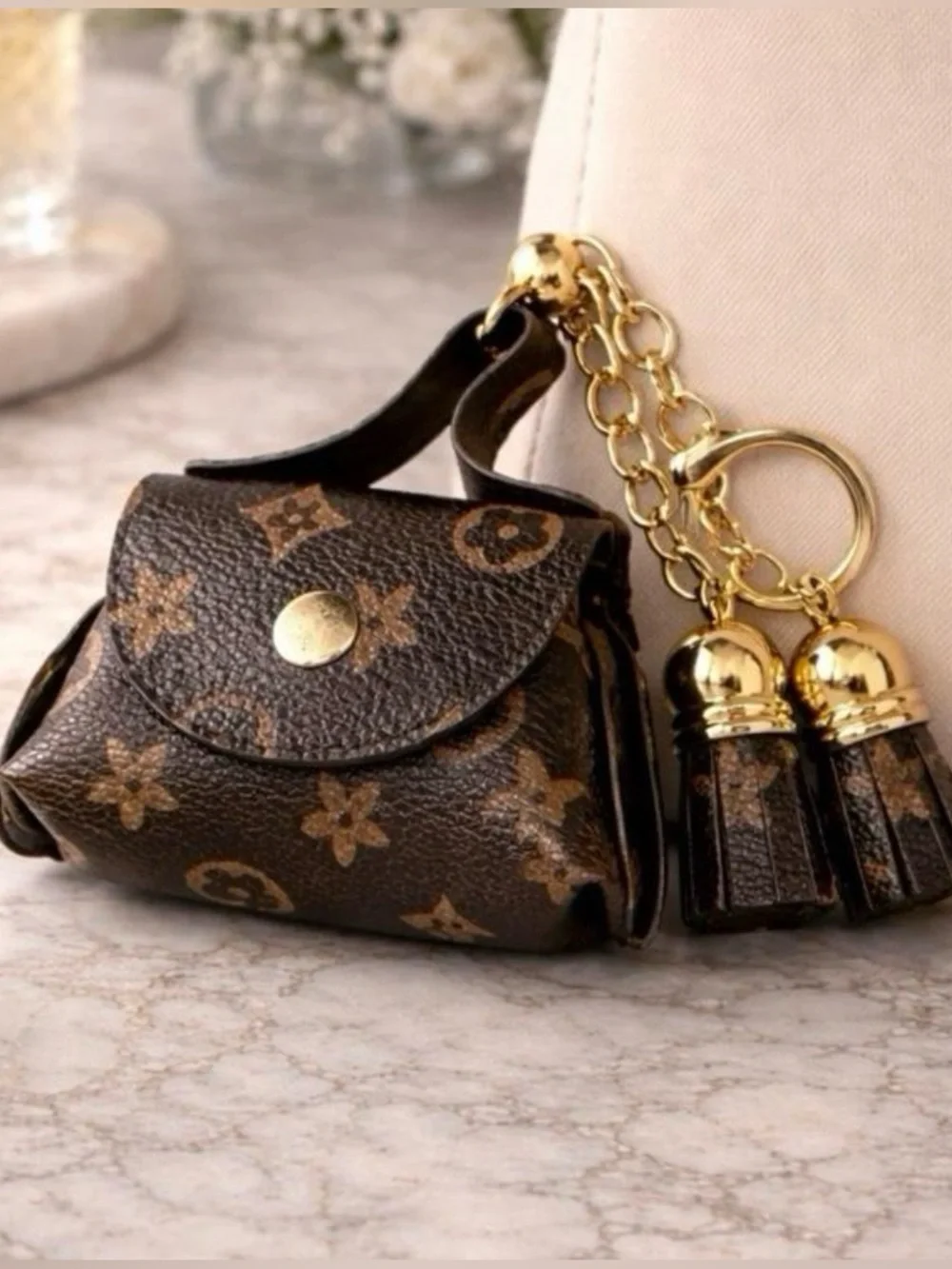 Monogram Mini Bag Charm Keychain - Brown & Gold